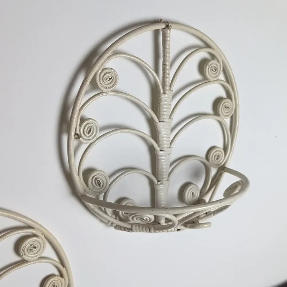 Vintage White Wicker Wall Pockets Set of Two Cottagecore Fairy Garden Wall Decor